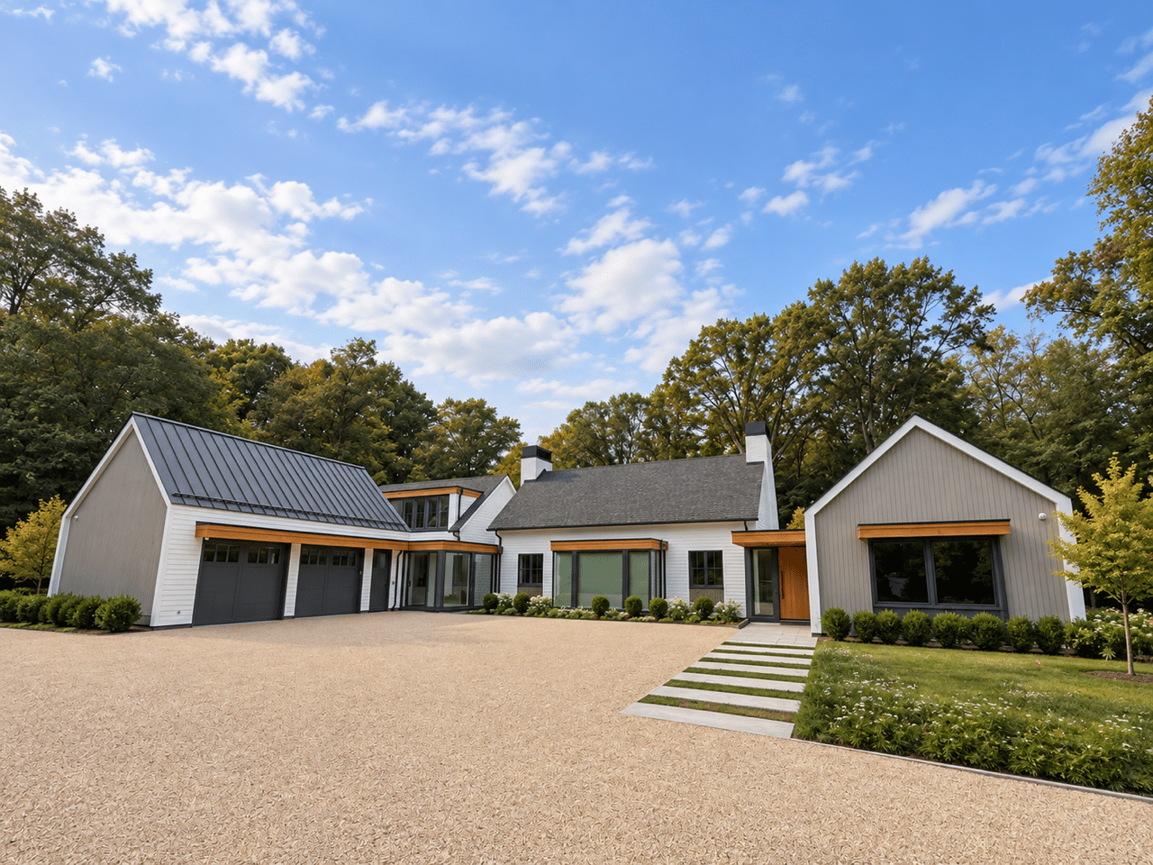 Front exterior of 33 Cannondale Road with a gravel driveway and blue sky