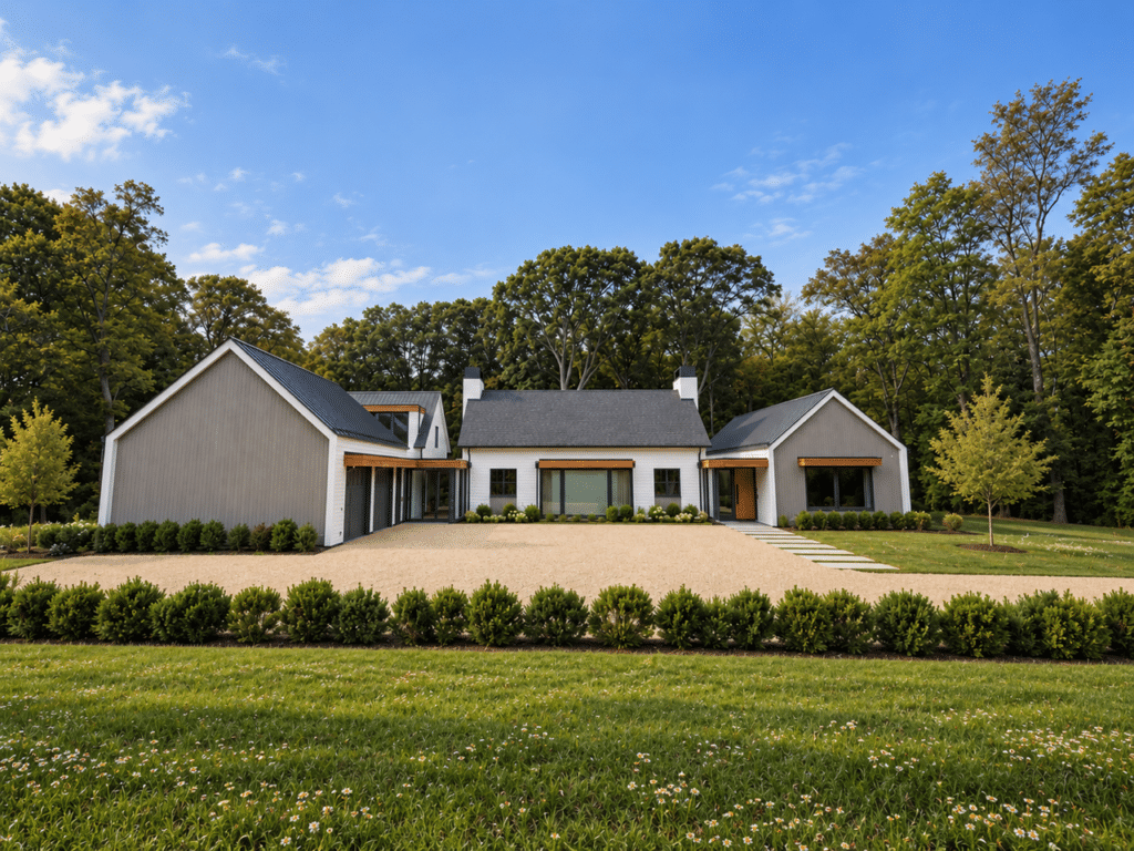 Front elevation of 33 Cannondale Road with landscaped lawn and meadow