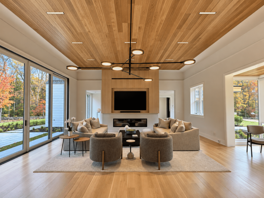 Living room at 33 Cannondale Road with a wood ceiling, fireplace, and floor-to-ceiling windows