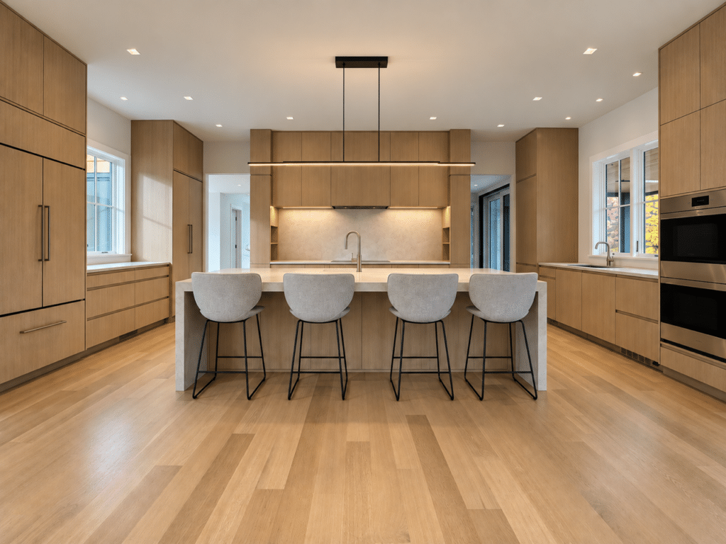 Kitchen at 33 Cannondale Road with wood cabinetry and a four-seat island