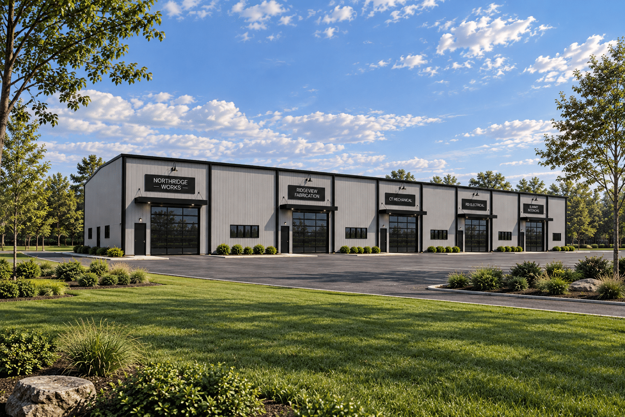 Architectural rendering of the Junction industrial project with five commercial bays